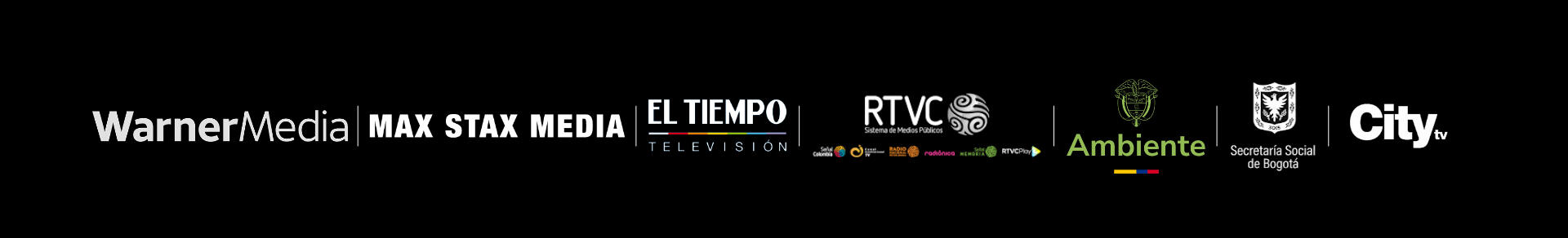 Client logos: Warner Media, Max Stax Media, El Tiempo Televisión, RTVC, Ambiente Bogotá, Secretaría Social de Bogotá, City.tv