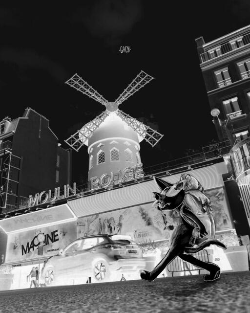 Gato Voyagero Illustration by Gach. Maow at the Moulin Rouge. Paris France.